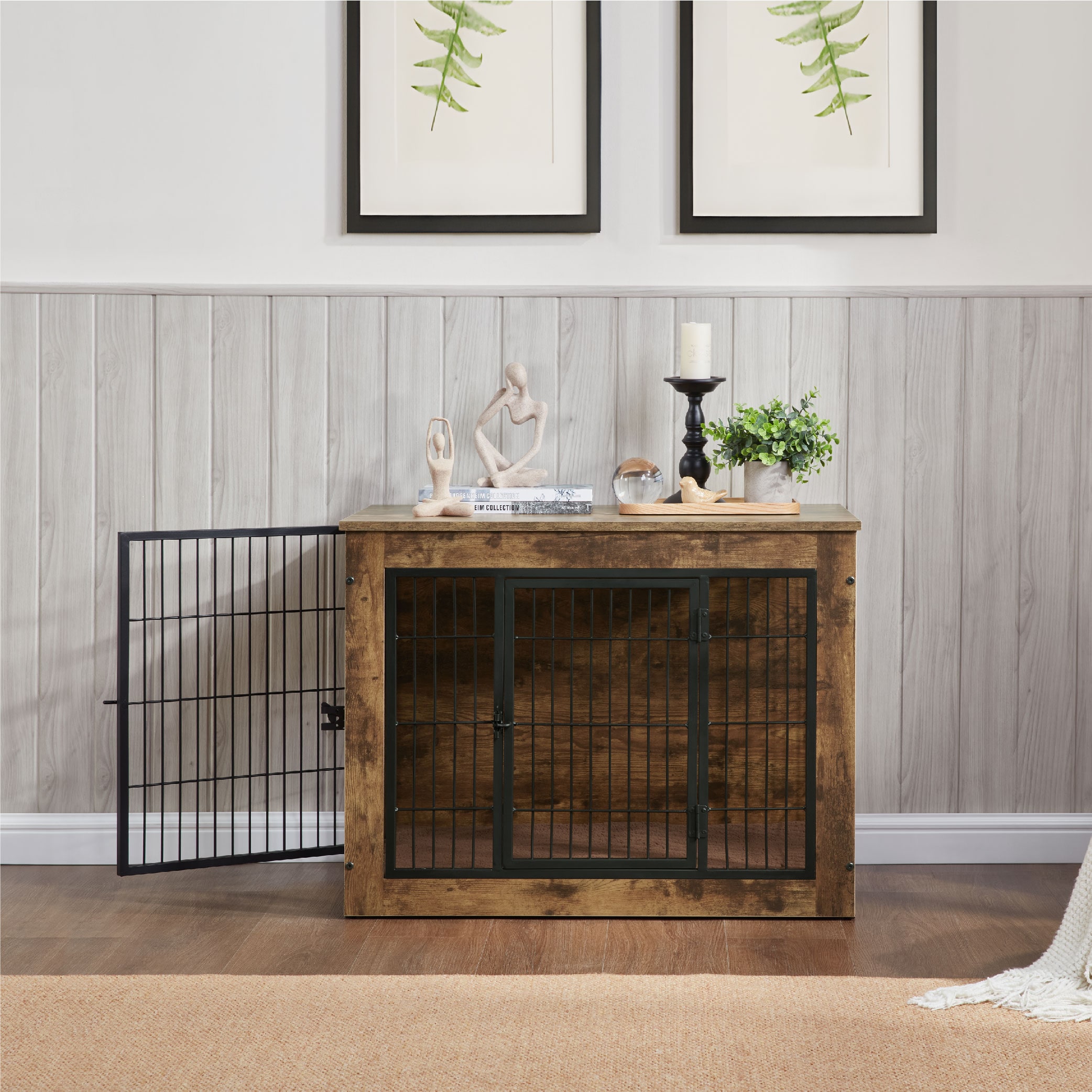 Dog Crate Furniture With Cushion, Wooden Dog Kennel Furniture, Heavy Duty Dog Cage, 40" Dog Kennel With Double Doors, Dog Crates For Large Dogs, Rustic Brown, L_voghion.com